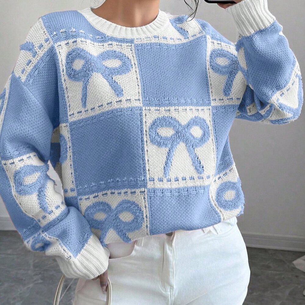 Blue & White Casual Women's Round Neck Checkered & bow design knit sweater top